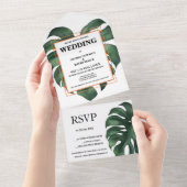 Groene Monstera Leaf All in One Wedding Invite Uitnodiging (Afscheurbaar)