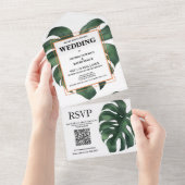 Groene Monstera Leaf QR Code All In One Uitnodiging (Afscheurbaar)