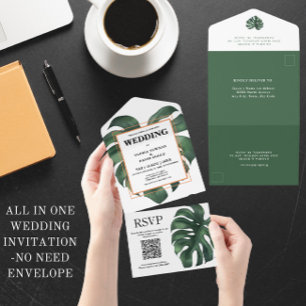 Groene Monstera Leaf QR Code All In One Uitnodiging