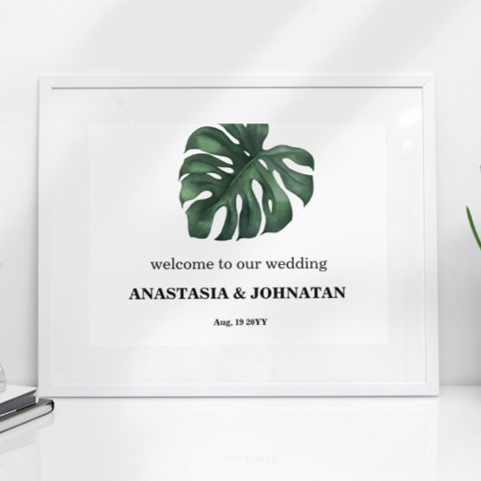 Groene Monstera Leaf Wedding Welcome Poster