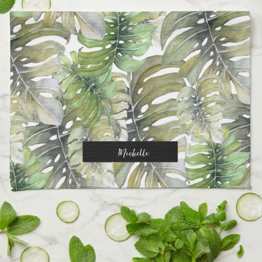 Groene Monstera Palm Chef Monogrammed Theedoek (Gevouwen)