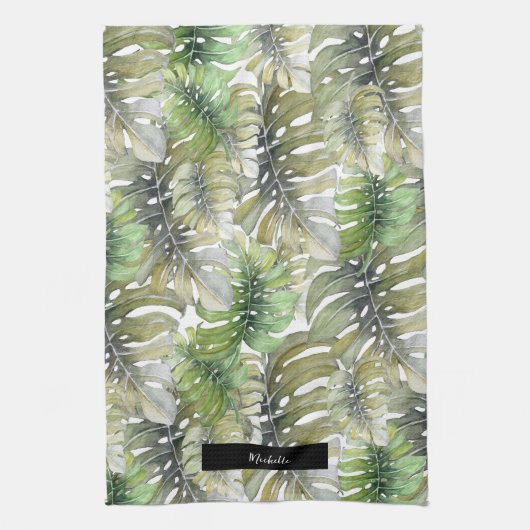 Groene Monstera Palm Chef Monogrammed Theedoek (Verticaal)
