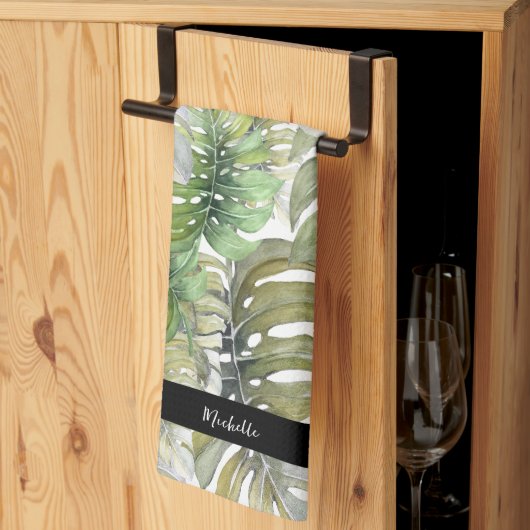 Groene Monstera Palm Chef Monogrammed Theedoek (Derde Gevouwen)