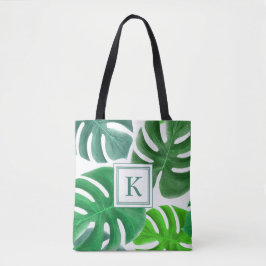 Groene Monstera Plant Bladeren Patroon Monogram Tote Bag