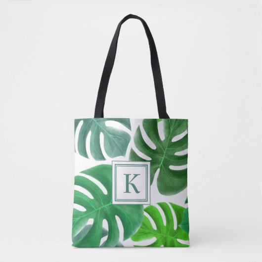 Groene Monstera Plant Bladeren Patroon Monogram Tote Bag (Voorkant)