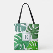 Groene Monstera Plant Bladeren Patroon Monogram Tote Bag (Achterkant)