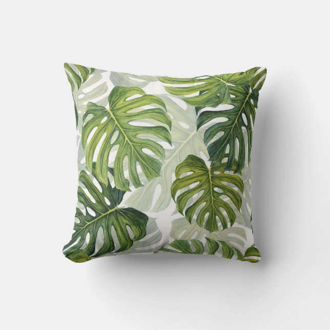 Groene Monstera Tropische Waterverf Kussen (Voorkant)