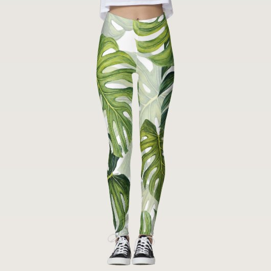 Groene Monstera Tropische Waterverf Leggings (Voorkant)