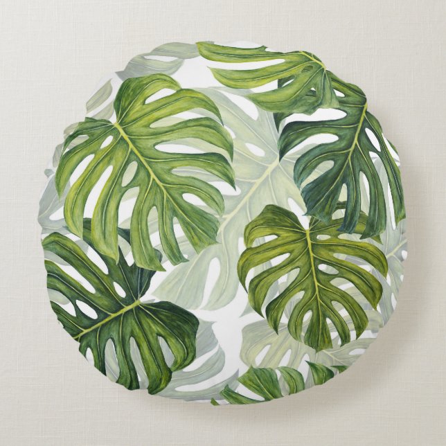 Groene Monstera Tropische Waterverf Rond Kussen (Voorkant)