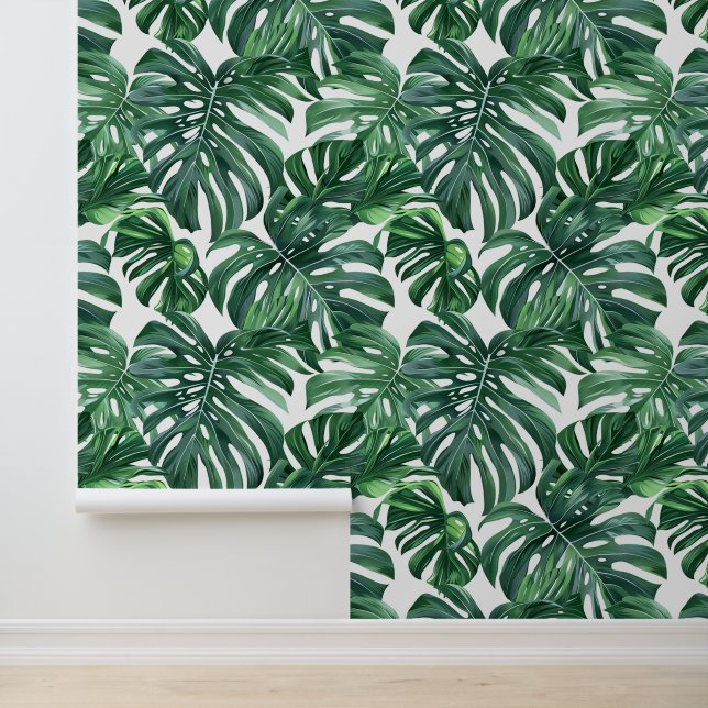 Groene monstera verlaten patroon exotische flora behang (Applicatie)