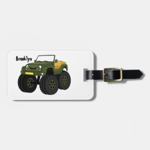 Groene monstertruck cartoon illustratie bagagelabel