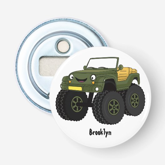 Groene monstertruck cartoon illustratie button flesopener (Voorkant)