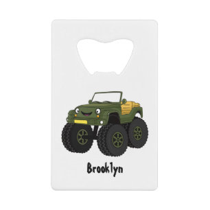 Groene monstertruck cartoon illustratie creditkaart flessenopener