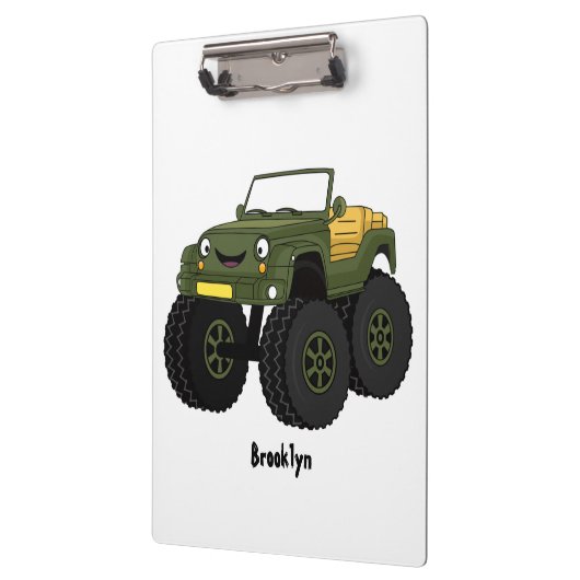 Groene monstertruck cartoon illustratie klembord (Links)