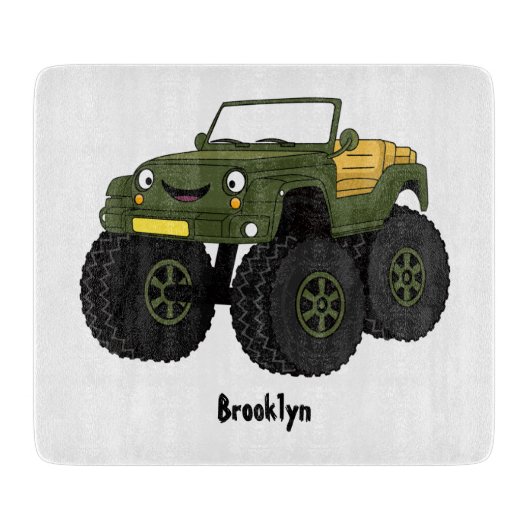 Groene monstertruck cartoon illustratie snijplank (Voorkant)