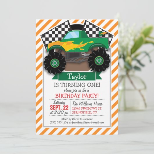 Groene monstertruck, geruite vlag; Oranje streep Kaart (Staand voorkant)