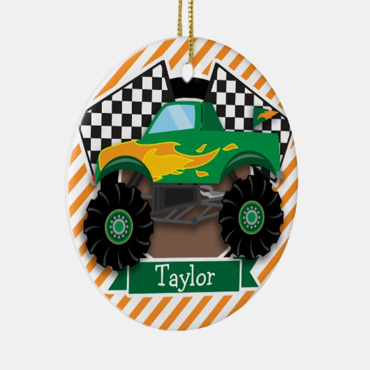 Groene monstertruck, geruite vlag; Oranje streep Keramisch Ornament (Rechts)