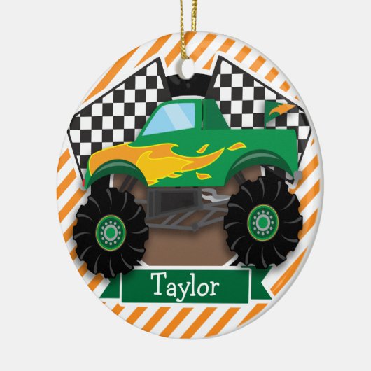 Groene monstertruck, geruite vlag; Oranje streep Keramisch Ornament (Links)