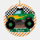 Groene monstertruck, geruite vlag; Oranje streep Keramisch Ornament (Achterkant)