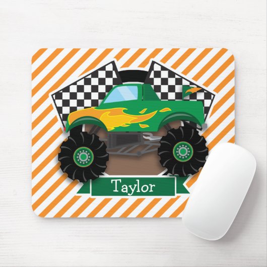 Groene monstertruck, geruite vlag; Oranje streep Muismat (Met muis)