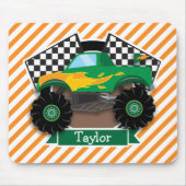 Groene monstertruck, geruite vlag; Oranje streep Muismat (Voorkant)