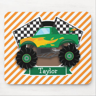 Groene monstertruck, geruite vlag; Oranje streep Muismat
