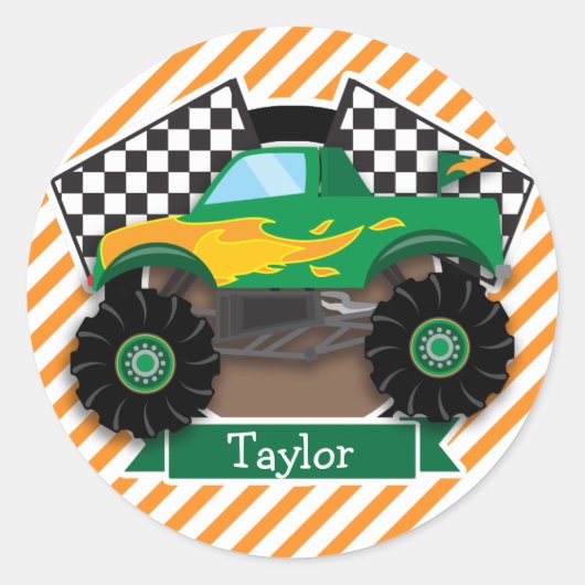 Groene monstertruck, geruite vlag; Oranje streep Ronde Sticker (Voorkant)
