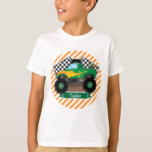 Groene monstertruck, geruite vlag; Oranje streep T-shirt