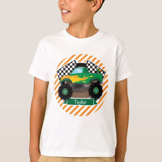 Groene monstertruck, geruite vlag; Oranje streep T-shirt (Voorkant)