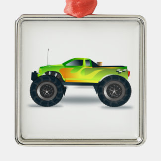 Groene monsterwagen met aan de zijkant geslepen la metalen ornament