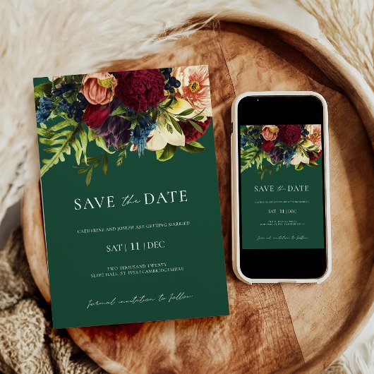 Groene Moody Bloemen Bourgondië Bruiloft Save the  Kaart
