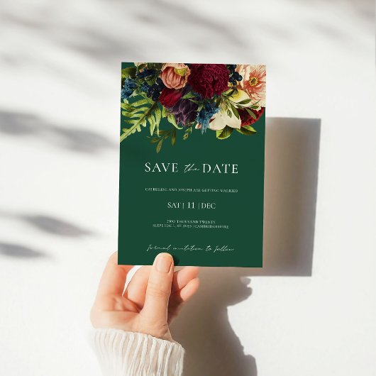 Groene Moody Bloemen Bourgondië Bruiloft Save the  Kaart