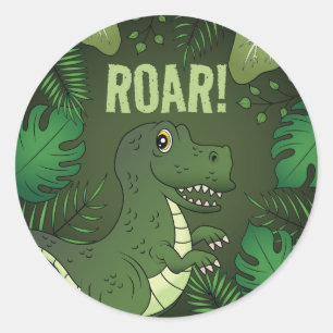 Groene Moppige Cartoon T-rex Dinosaur met Brul Tek Ronde Sticker