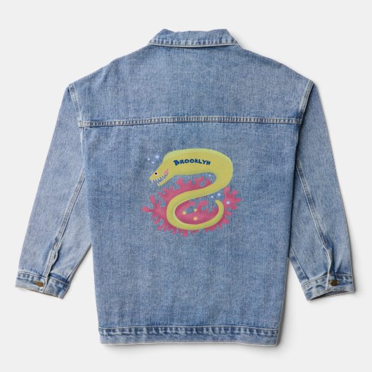 Groene moray paling grappige cartoon illustratie denim jacket (Achterkant)