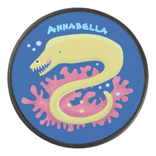 Groene moray paling grappige cartoon illustratie hockey puck (Voorkant)