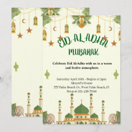 Groene Moskee Lantaarns Feestelijke Eid Al-Adha Va Kaart