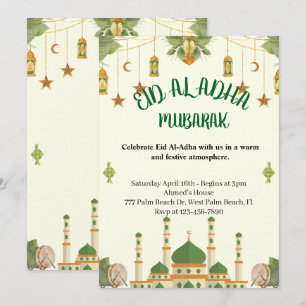 Groene Moskee Lantaarns Feestelijke Eid Al-Adha Va Kaart