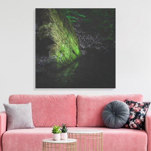 Groene mossy rots met reflectie in water canvas afdruk (Insitu (Woonkamer))