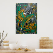 Groene & Mosterd Abstracte Penseelstreek Kunst Poster (Keuken)