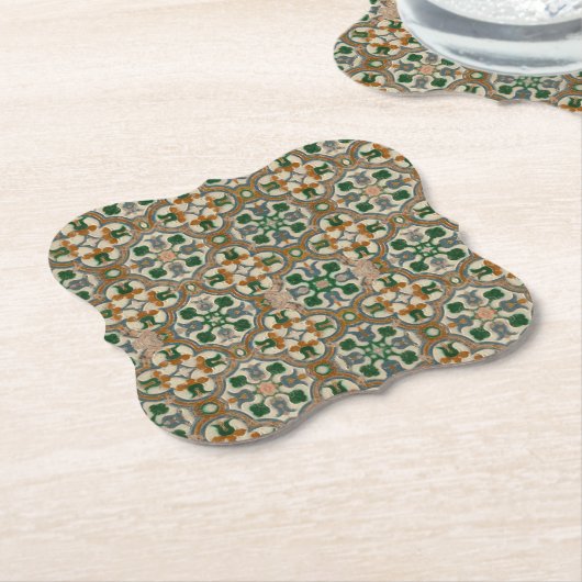 Groene mosterd bloemenazulejos Geometrisch patroon Kartonnen Onderzetters (Gekanteld)