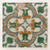 Groene mosterd Spaanse bloemengeometrische Azulejo Glazen Onderzetter (Voorkant)