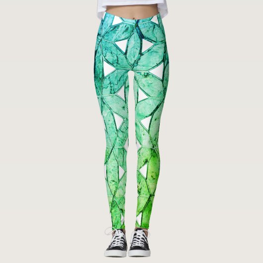 Groene mozaïekbloem leggings (Voorkant)