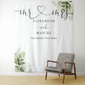 Groene Mr Mrs Script Bruiloft Foto Achtergrond Wandkleed (In situ)
