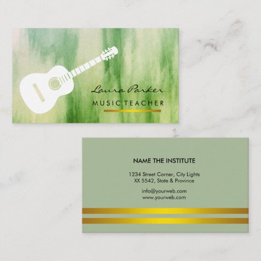Groene muziekdocent gitaarspeler, instrument visitekaartje (Voorkant / Achterkant)