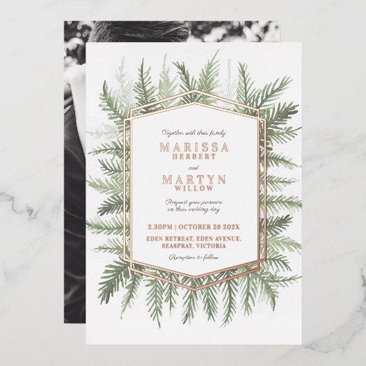 Groene naalden met groene naalden voor oliewinning folie uitnodiging (Voorkant / Achterkant)