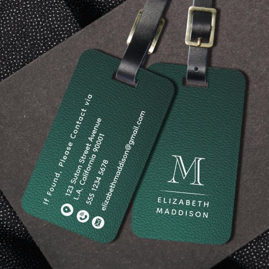 Groene namaakleer en witte monograminitiaal bagagelabel