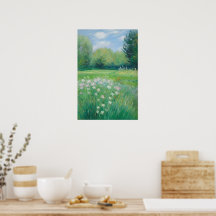 Groene natuur witte bloemenveld schilderen poster