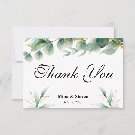 Groene natuurlijke eucalyptus bloemblaadjes bruilo bedankkaart (Voorkant)