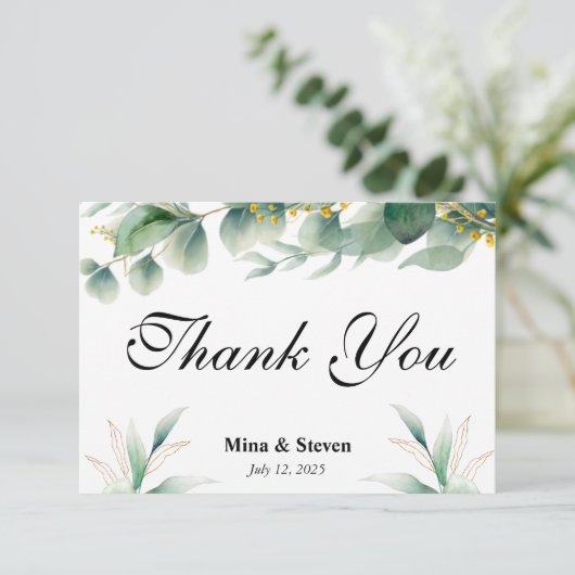 Groene natuurlijke eucalyptus bloemblaadjes bruilo bedankkaart (Staand voorkant)