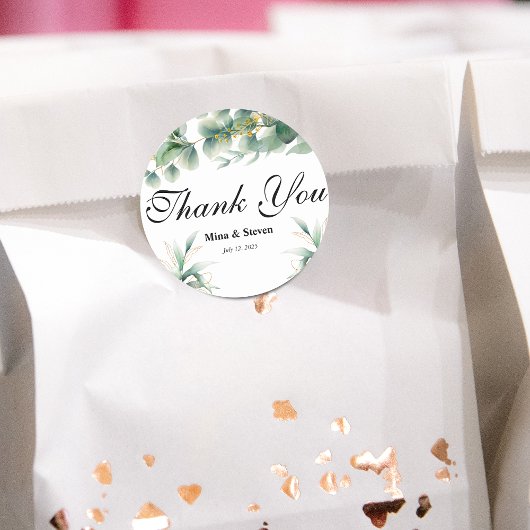 Groene natuurlijke eucalyptus dank u bruiloft ronde sticker